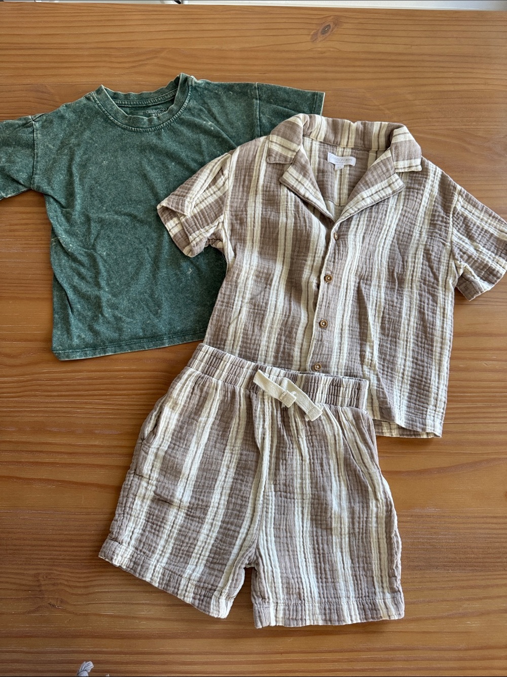 Grayson Mini Boys bundle Green Mineral Wash Tee with Striped Beige Set